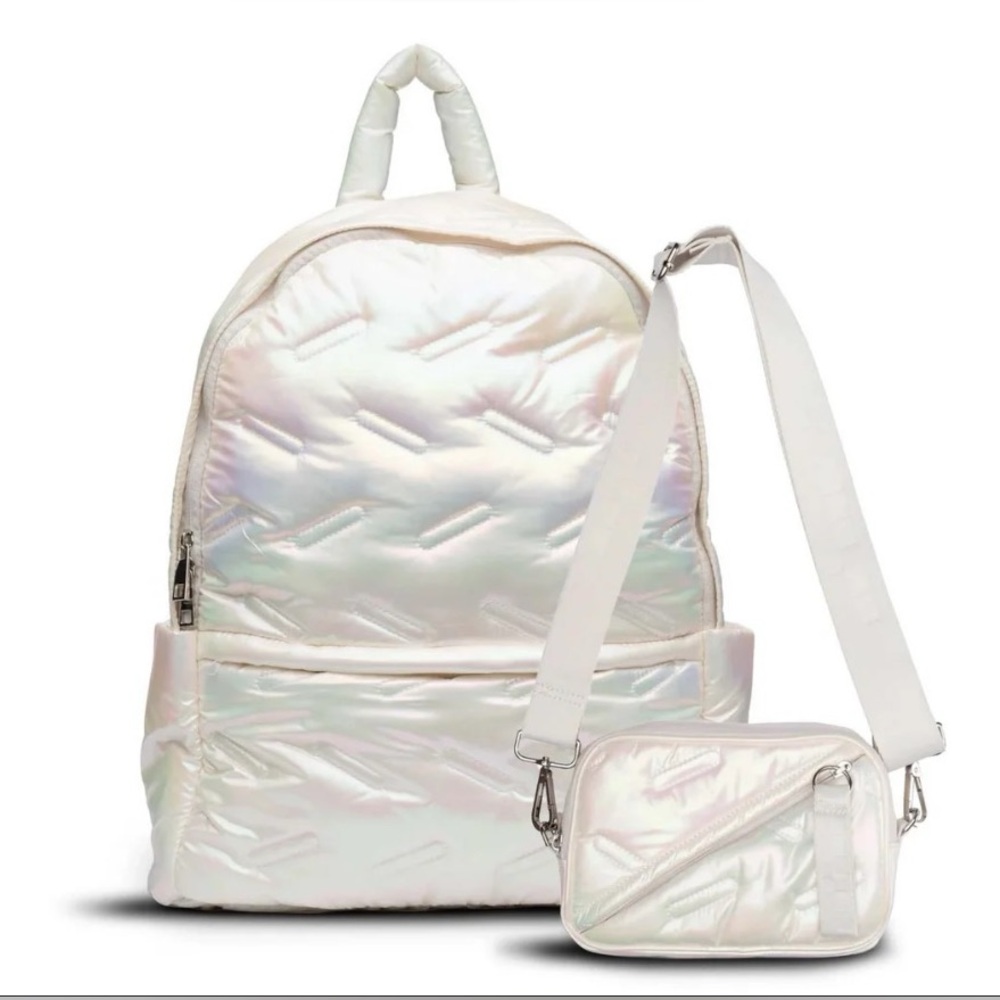 Go Dash Dot Iridescent White Maya Backpack and Crossbody Bag.